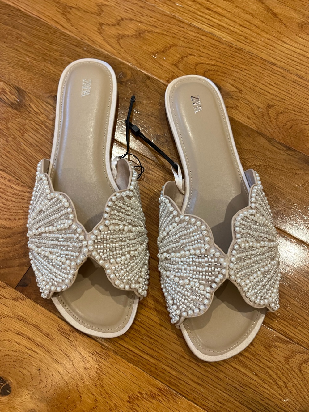 Zara Cream Pearl-Embellished Slide Sandals